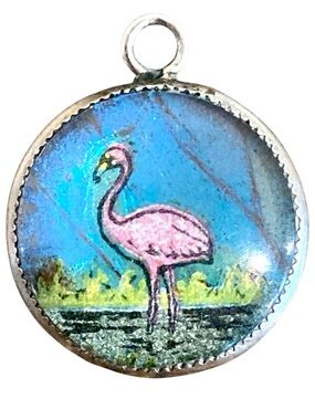 Pink Flamingo Morpho Butterfly Pendant Charm - Painted Artwork - Sterling Silver